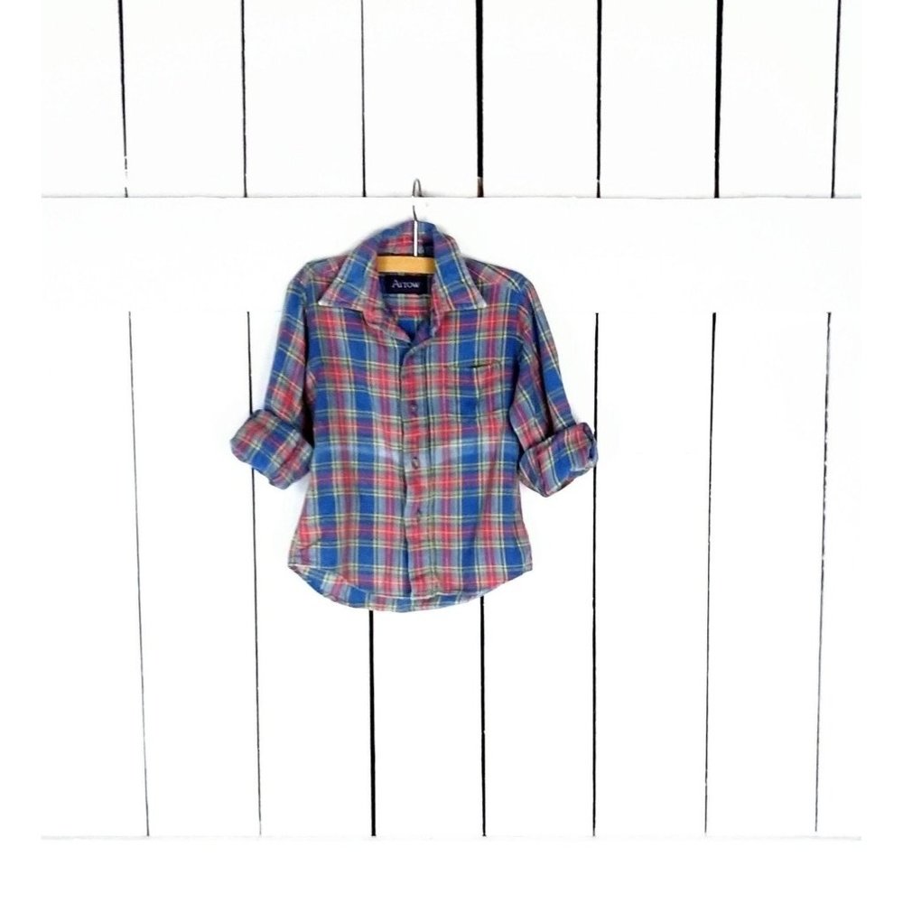 Vintage baby/childrens/kids plaid/checker button down flannel shirt/5